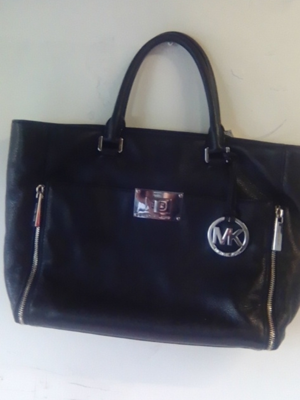 Michael Kors Black Leather Satchel with Silver MK Charm